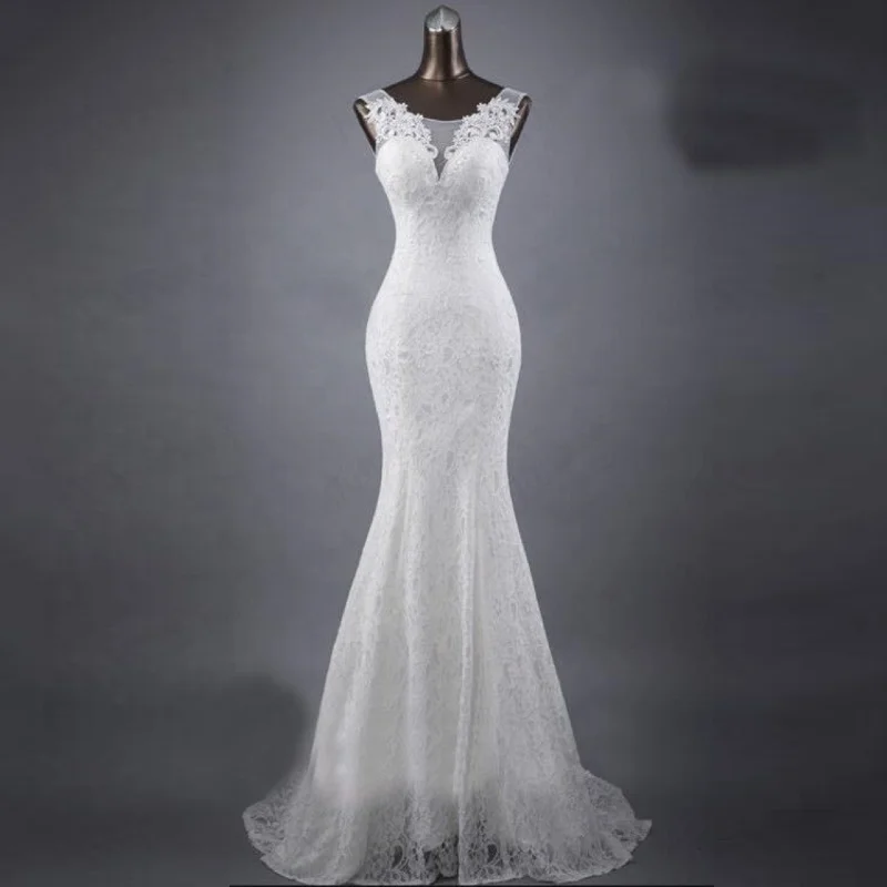 

9134#New Designs O-Neck Sleeveless Backless White Ivory Mermaid Lace Illusion Bride Dress Wedding Gown With Small Train