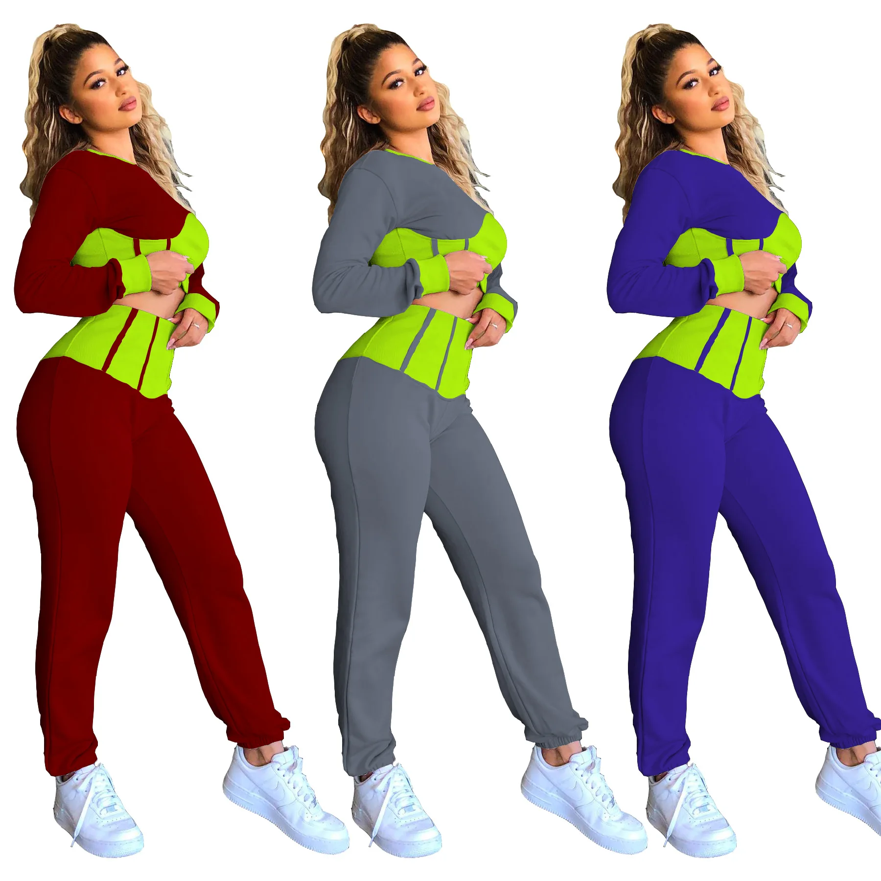 

WW-1352 Women's Rib Fabrics Of Double Stitching Color Binding Bodice Sweat Two Suits Lounge Wear Suits Set For Trendy Women, Customized color