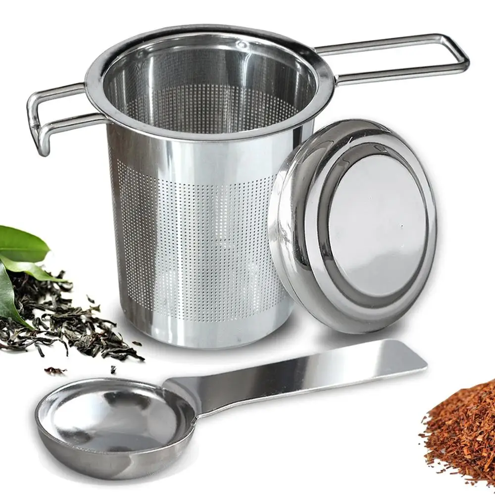 

Fine Tea Filter set for Infusing Steeping Loose Tea Collapsible Long Handle And Lid 18/8 Stainless Steel Tea Filter, Metal silver