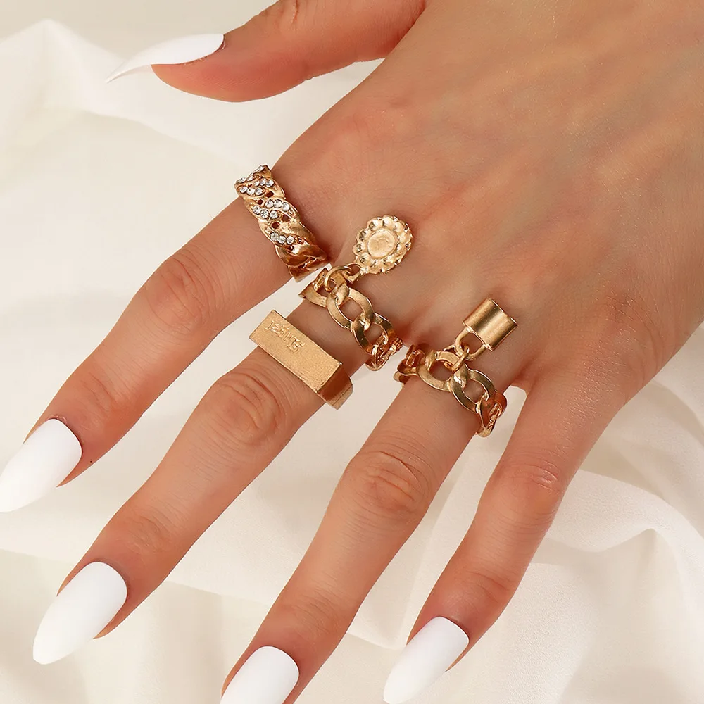 

4 Pcs/set personalized lock angle knuckle chunky rings for women druzy rhinestone gold rings jewelry