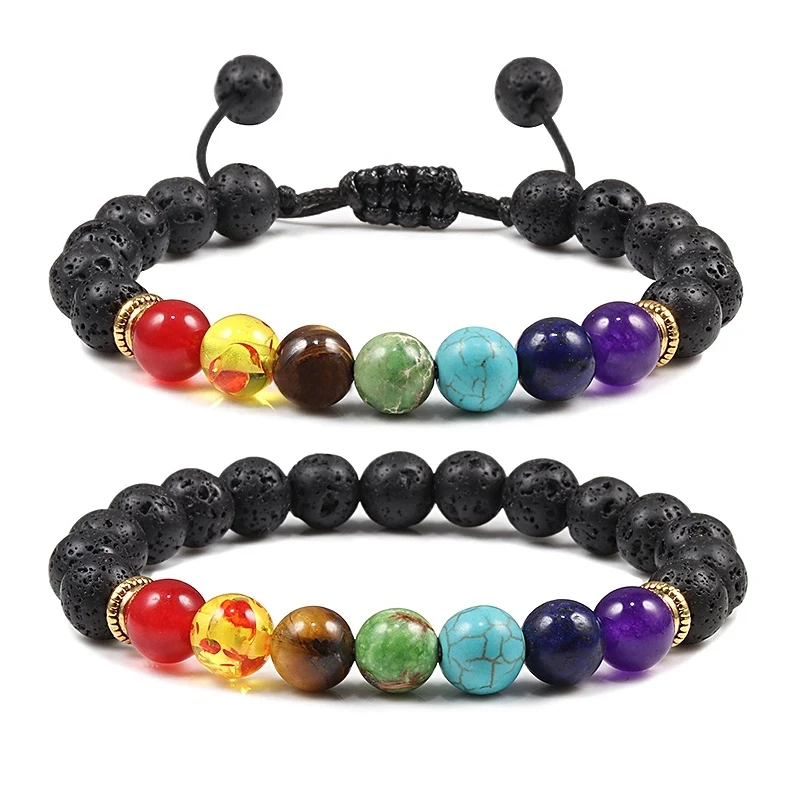 

7 Chakra Bracelet Black Lava Tiger Eye Stones Healing Balance Beads Yoga Mala Beads Meditation Bracelet Men Women, Choose color