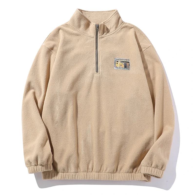 

Stand-up Collar Sweatshirt Men Autumn Winter Polar Fleece Pullover Embroidered Letters Loose Warm Basic Bottoming Shirt Tops