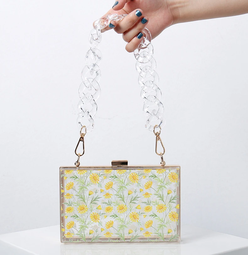 

JANHE 2021 sac a main femme female Big Chain Acrylic Daisy Flower Box Purse Plastic Gift Hand Bag Clear Clutch Hand Bag Handbags, Clear daisy