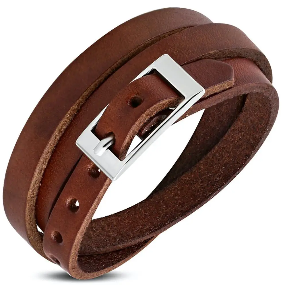 

Genuine Brown Leather Triple Wrap Belt Buckle Bracelet customable logo design