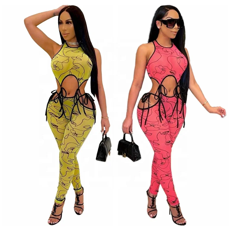 

Sleeveless Printed Hollow Out Sexy Jumpsuit 2021