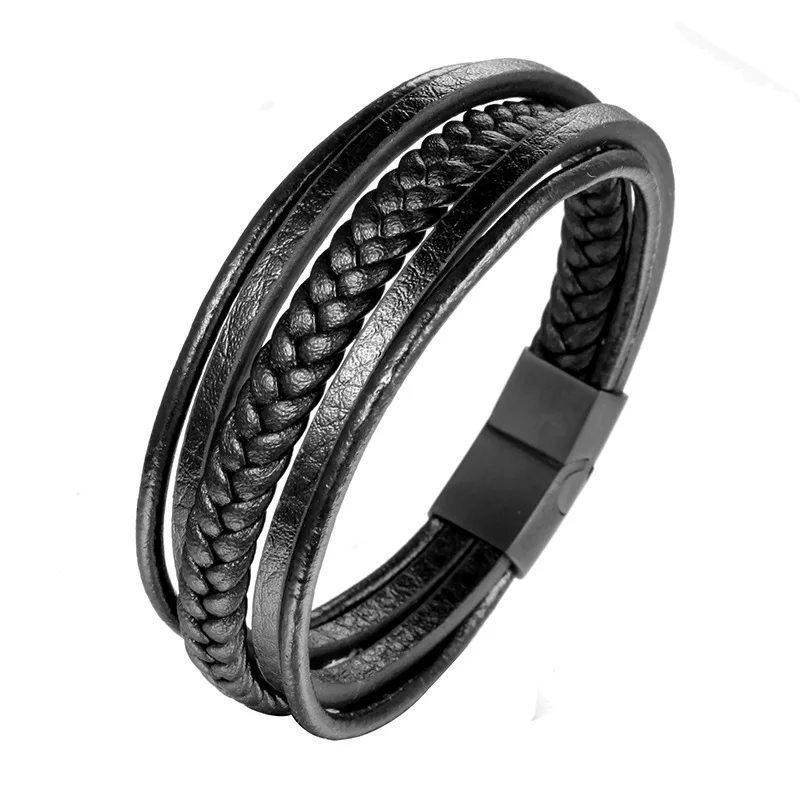 

Weihao 2021 New Cowhide Bracelet Multilayer Woven Bracelet Alloy Stainless Steel Bracelet Wholesale, As picture show