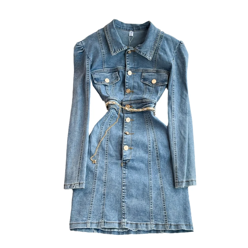

2022 Spring and Autumn New Tight Polo Collar Women's Denim Dress French Style Casual Dress Slimming High Waist Long Sleeve Dress