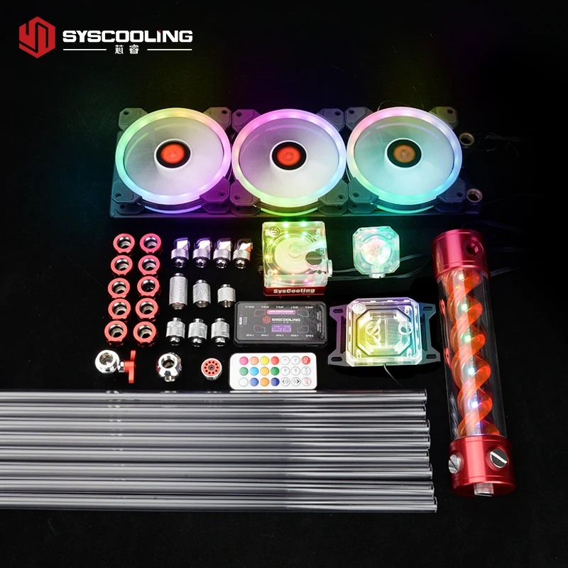 

Syscooling PC water cooling kit for AMD CPU AM4 socket PETG tube liquid cooling system 360mm radiator RGB support, Silver,blue,red,gold