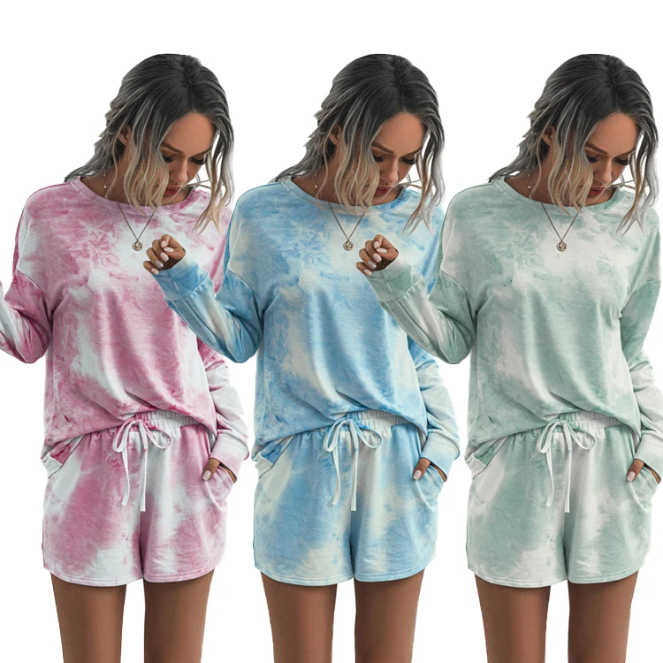 

Printed Long Sleeve Fitness Set Sports Tracksuit Home Clothes Tie Dye 2 Piece Set Women Oversize T-shirt And Shorts Set