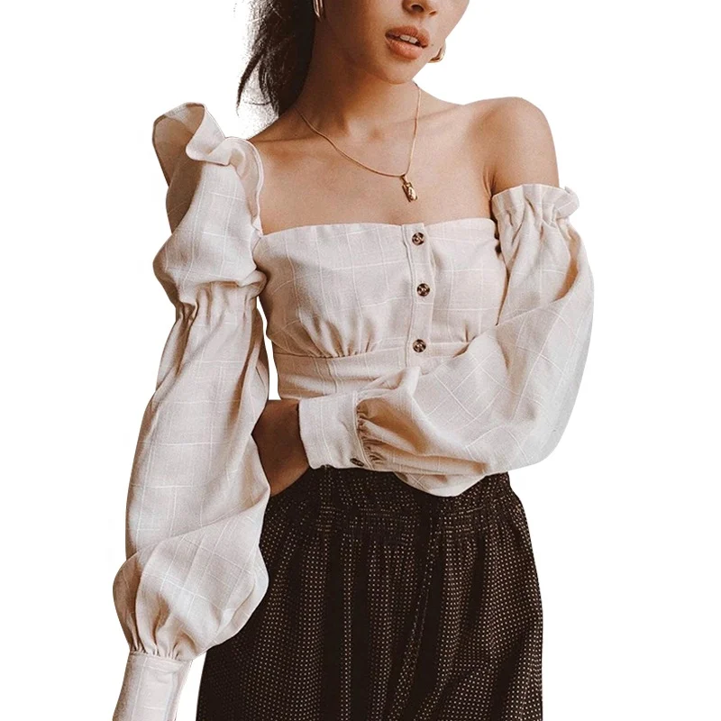 

2020 Autumn New Arrivals Plaid Long Sleeve Crop One Shoulder Sexy Tops For Women, Apricot