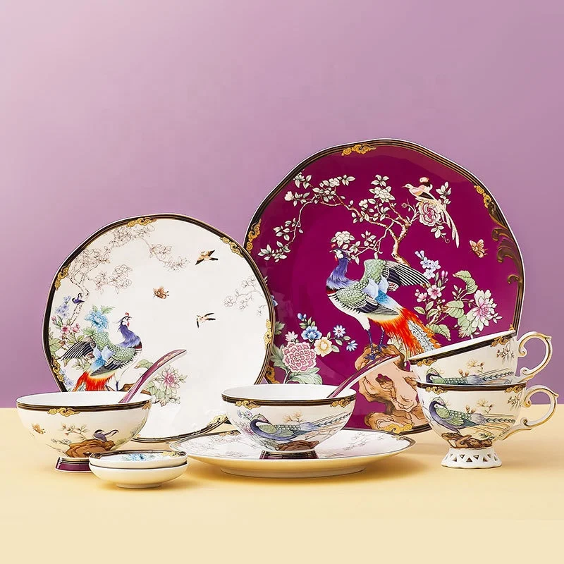 

Wholesale 11 Pcs Chinese Classical Lucky Bird Home Decors Luxury Living room Fine Porcelain Dinnerware Sets, As the picture