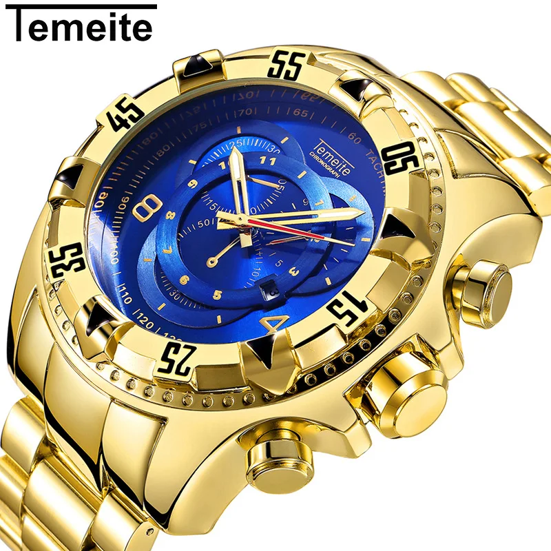 

Military Fashion Quartz Watch Golden Wrist Watches 202 Big Dial Stainless Steel Strap Brand Luxury Men 3d 2022 Temeite 020g Blue