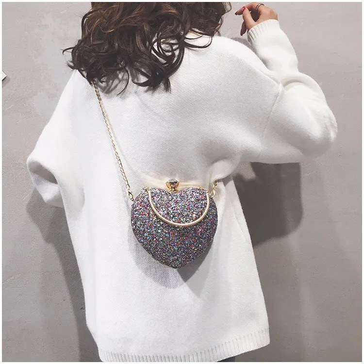 

Luxury Exquisite Party Heart Shape Sequined Circle Crossbody Hand Bags Chain Hand Bags Ladies, Accept customizable color