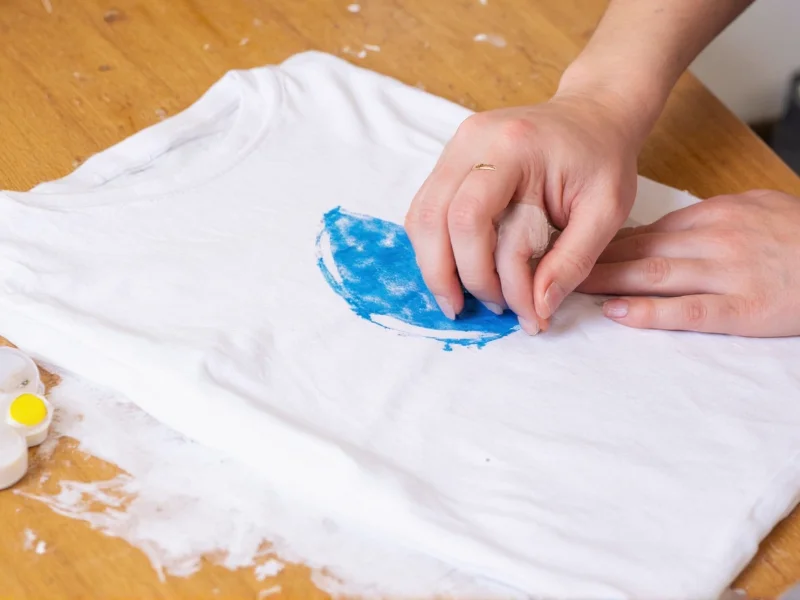 Hand stenciling a design on a white t-shirt with fabric paint