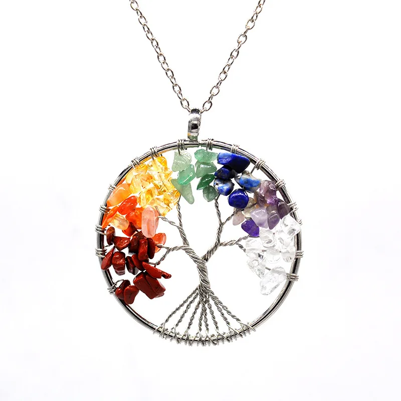 

7 Chakra Quartz Natural Stone Tree of Life pendulum Pendant Necklace for Women Healing Crystal Necklaces Pendants Reiki Jewelry, Silver