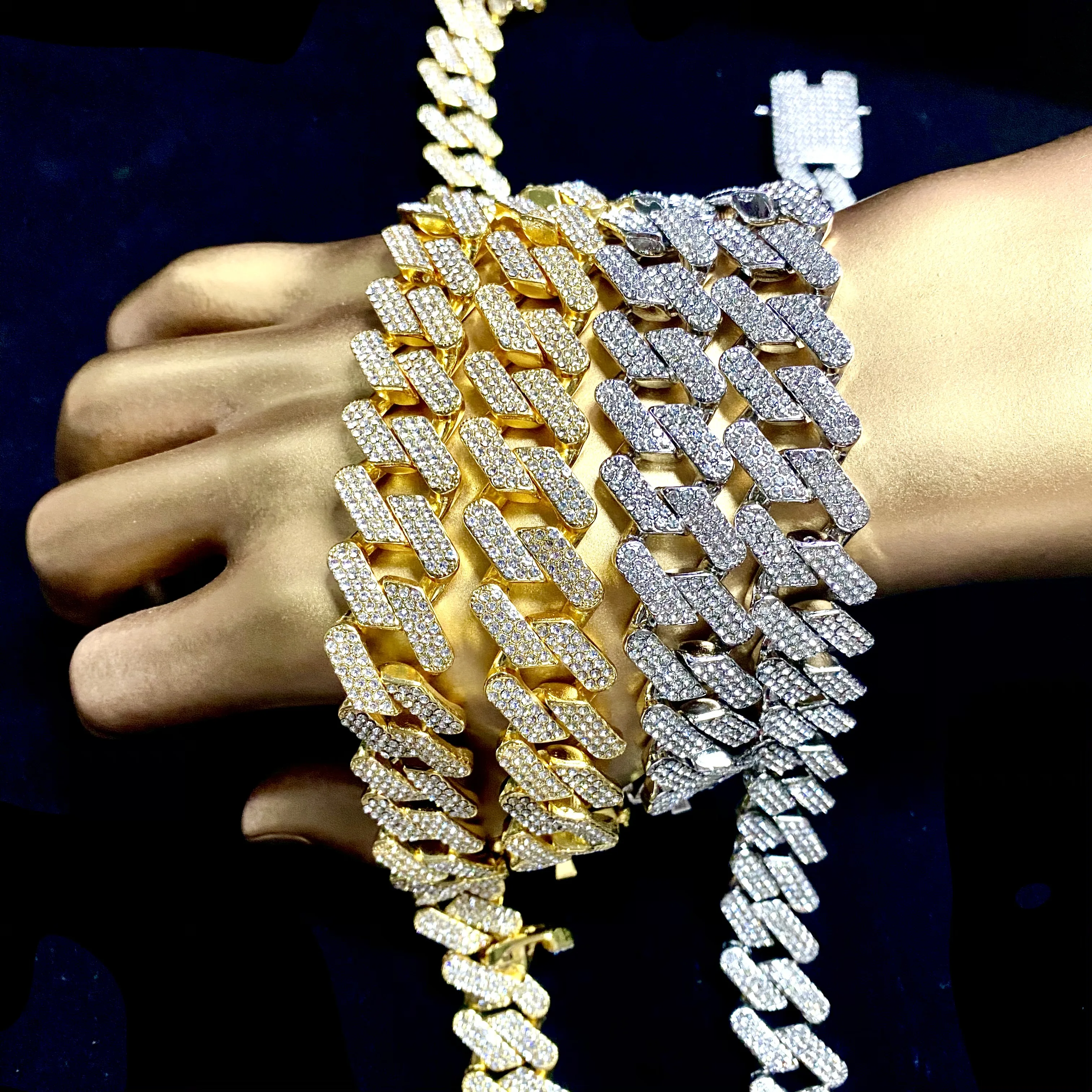 

Width 20mm 3 Layer Diamond New design Lab Created Diamonds Choker Gold Plated Icy Cuban Link Chain
