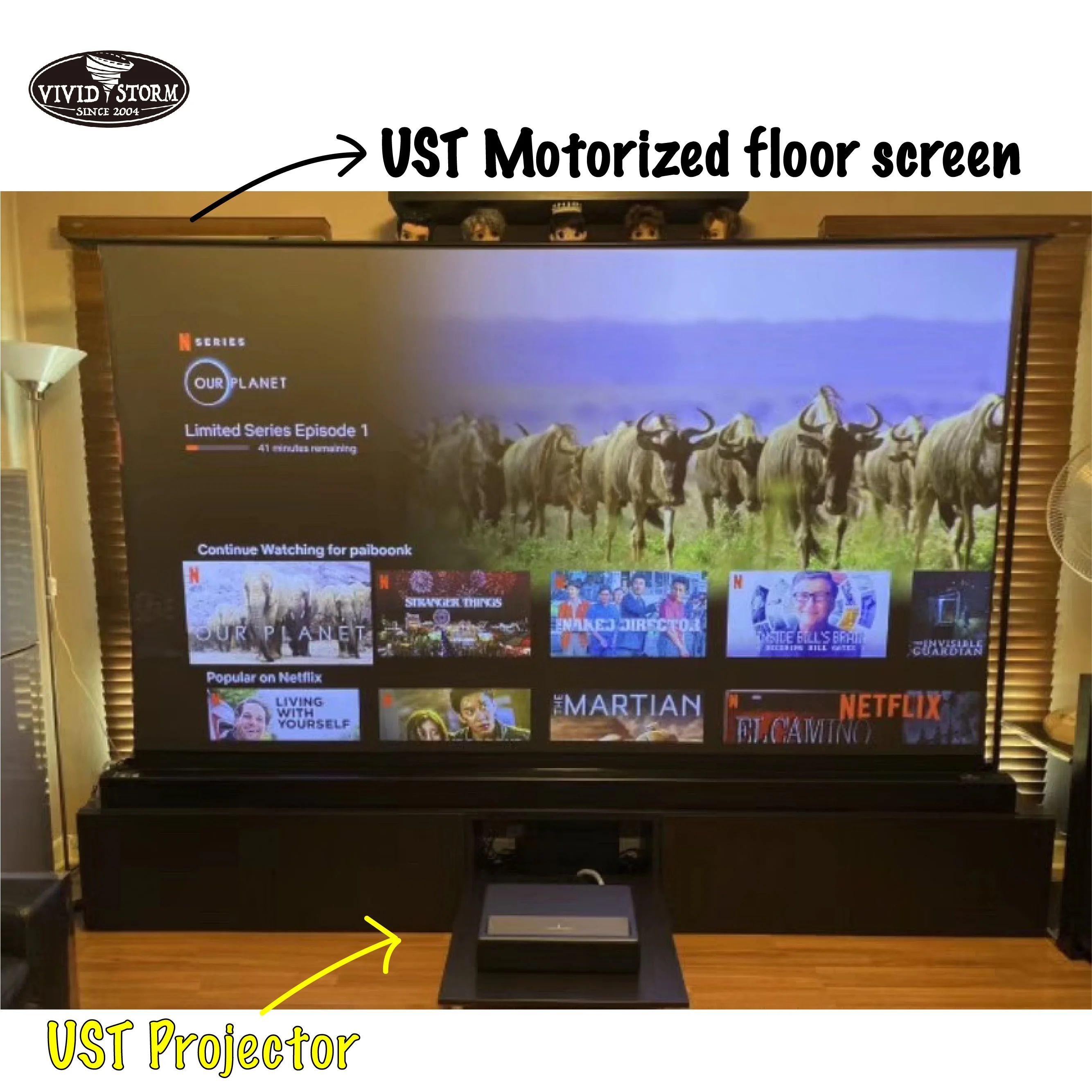 

VIVIDSTORM 2pcs 120 inch Electric Tension floor screen UST ALR Laser Projector motorized 4K 8K HD Ultra short throw movie screen