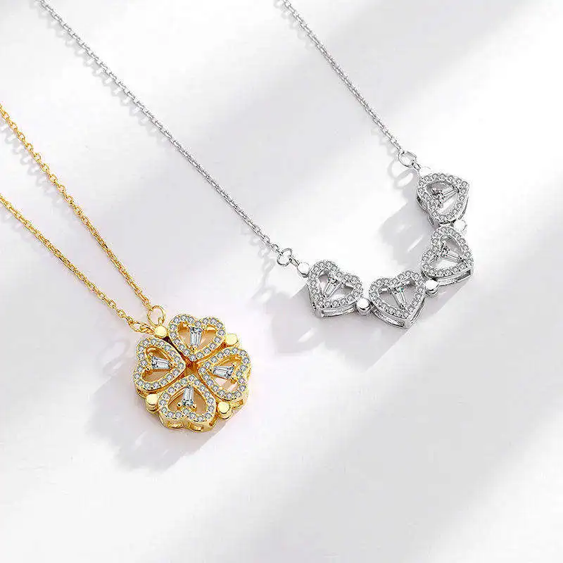 

New Necklace Design Jewelry Stainless Crystal 4 Leaf Four Clover Heart Cyrstal Pendant Necklace