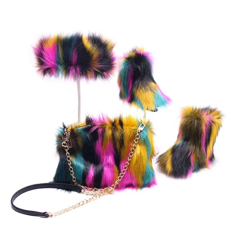 
Winter Fashionable Rainbow Faux Sheep Fox Fur Snow Boots Shoes Sets for Kids and Girls Women with Fur Headband and Purse 