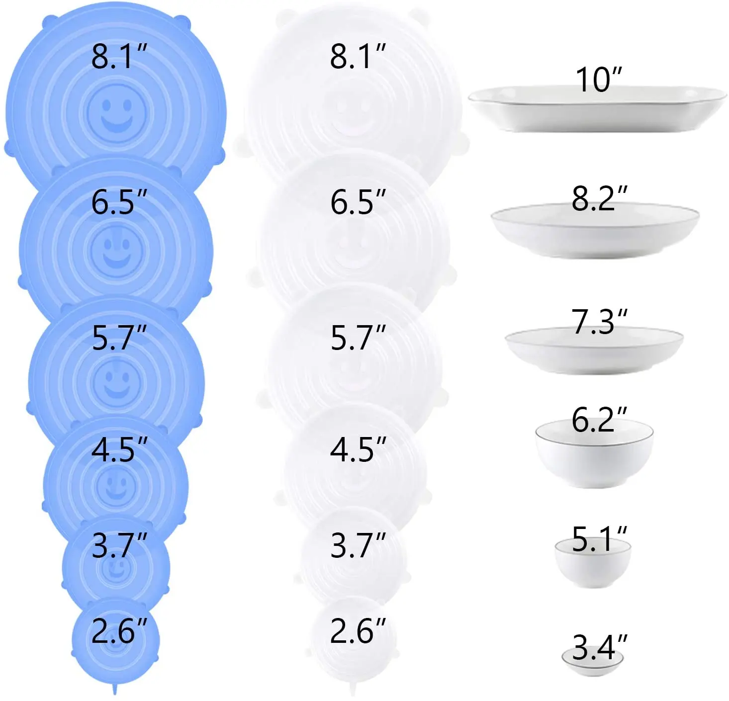 

6-Pack Various Sizes Cover Silicone Stretch Lids for Bowl, White, blue, yellow, pink