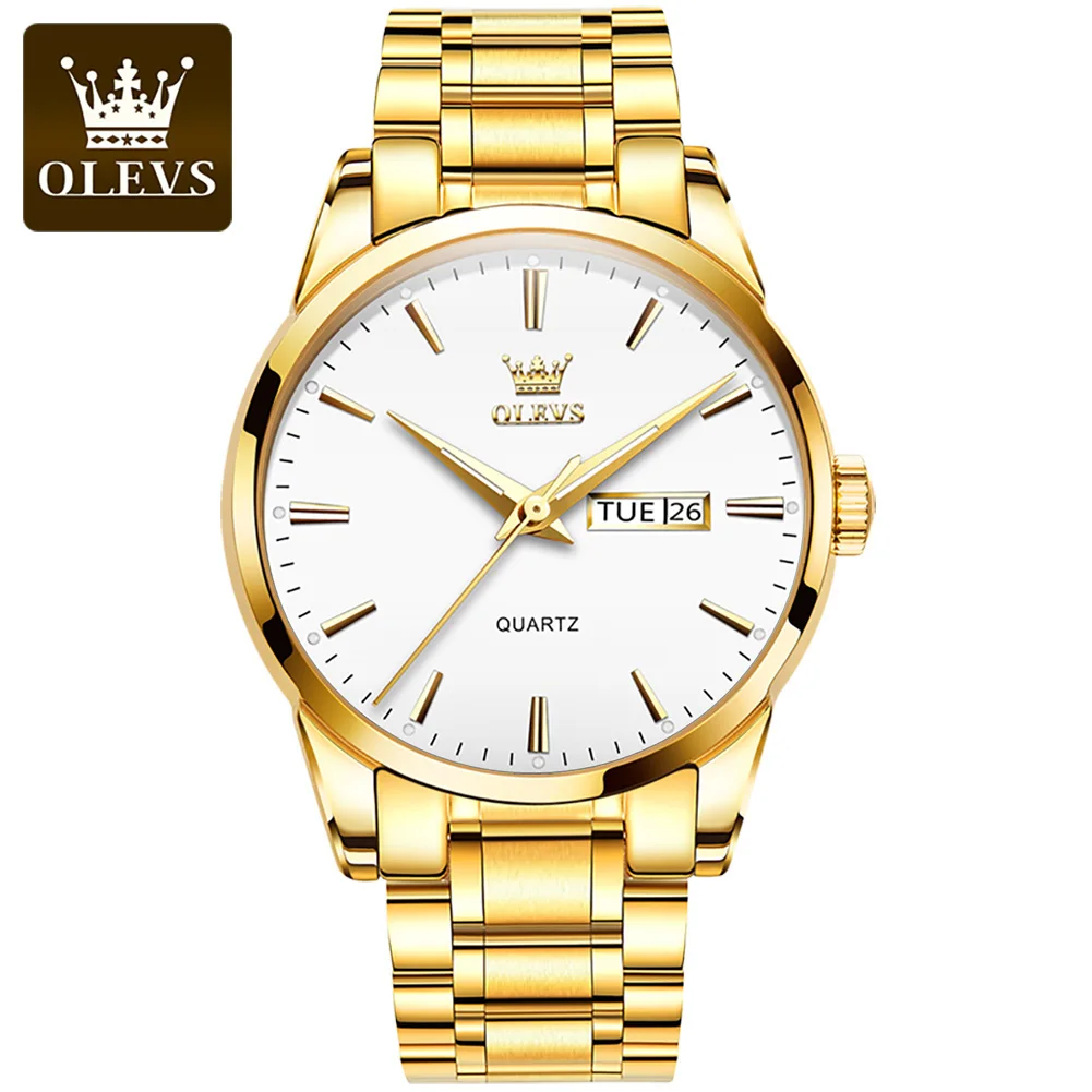 

2021 Brand OLEVS Men's Business Chronograph Quartz Waterproof Wristwatch Moon Phase Gold Stainless Steel Strap For Men Watch