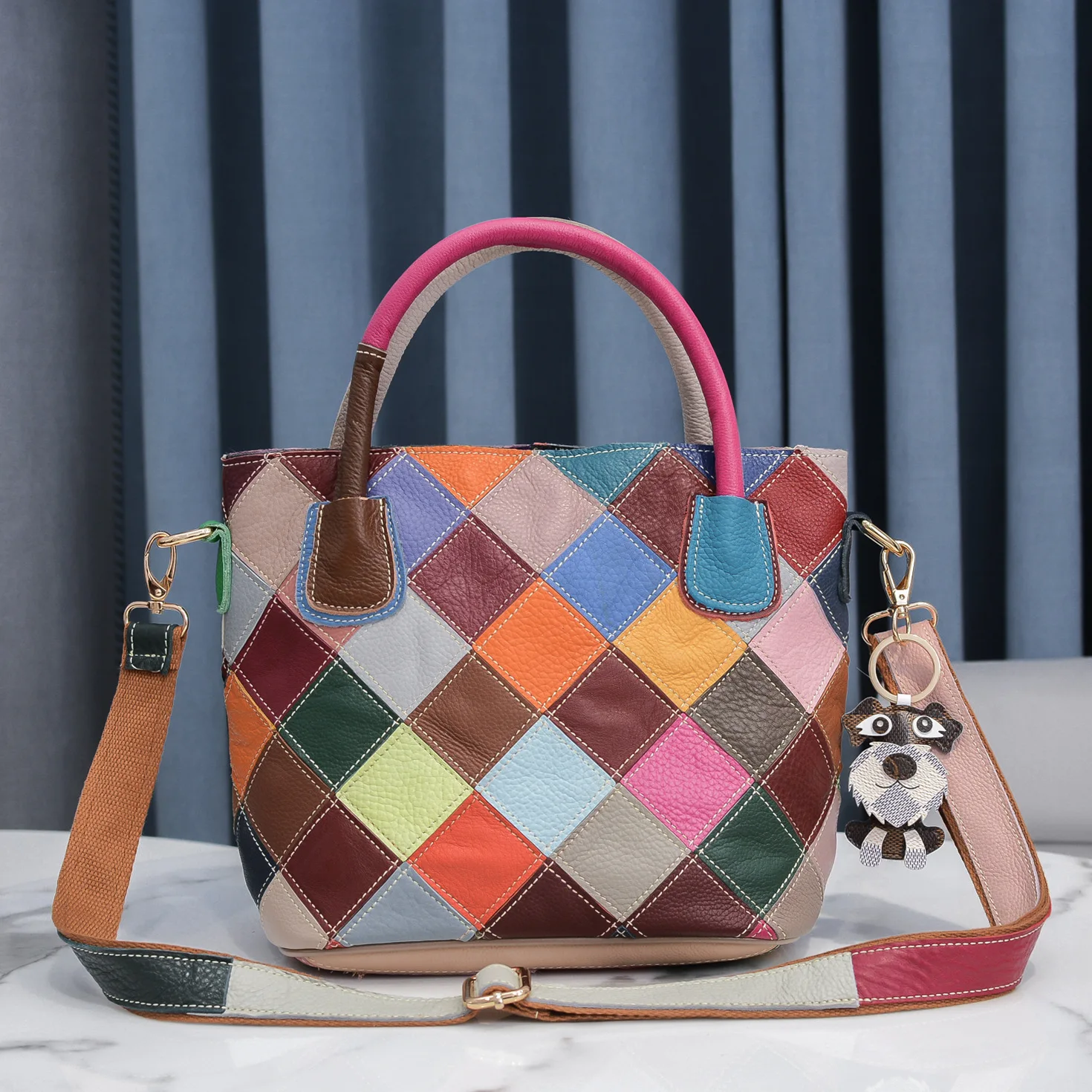 

Genuine Leather Women's High Quality Casual Design Colorful Handbag Shoulder bag Ladies Color Block Tote bag