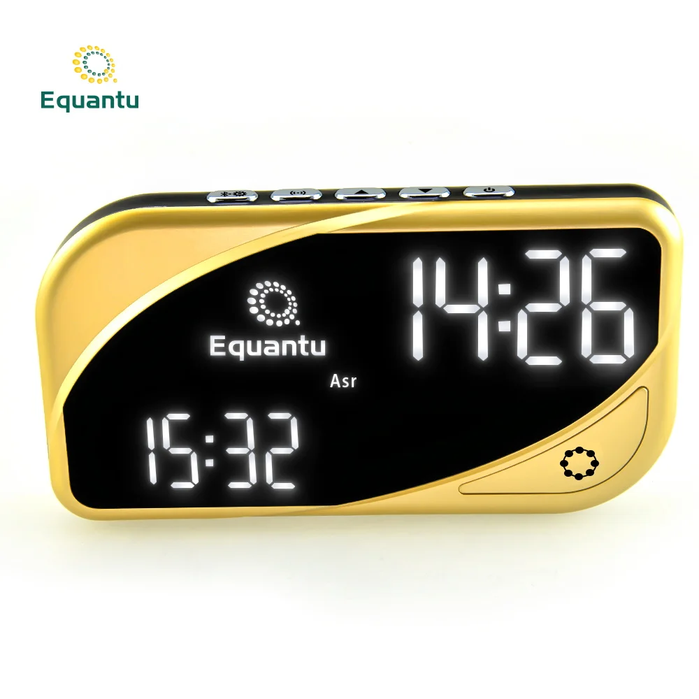 

Equantu prayer assistant counter for muslim one click set Azan al digital harameen with azan clock quran speaker, Black and gold