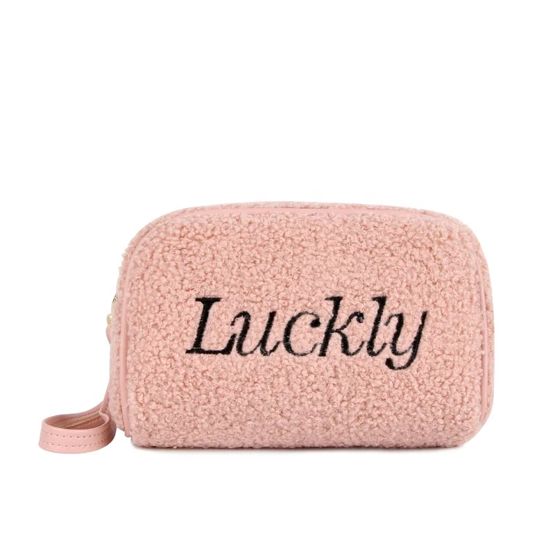 

Cute Embroidery Logo Zipper Girls Simple Shopper Wallet Lady Travel Makeup Storage Pouch Women Plush Cosmetic Bag, Black, brown, gray, red, pink