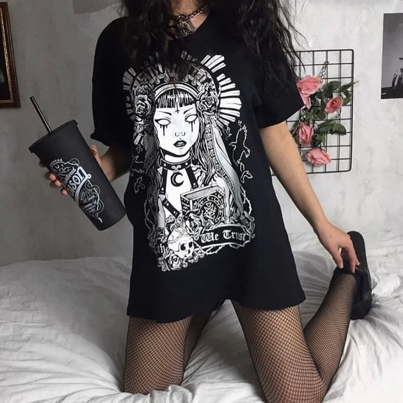 

Korean Style Loose Streetwear T Shirt Dress Graphic Graffiti Anime Printed Hip Hop Oversize T Shirt Women, 4 colors