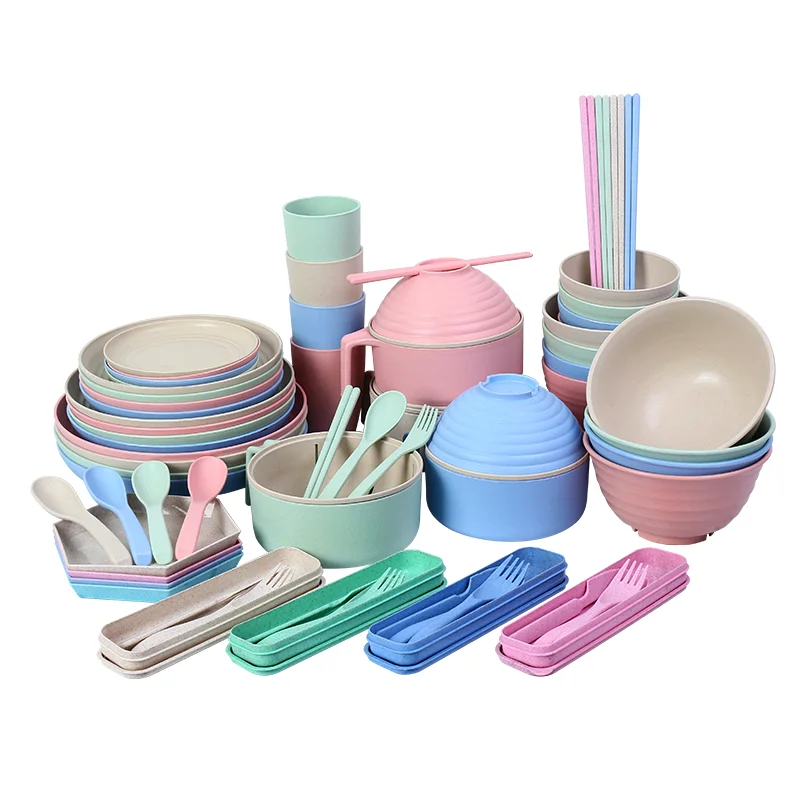 

Eco-Friendly wheat straw Bowls Cups Plates and Fork Spoon dinnerware sets Wheat Straw Tableware sets, Blue / beige / pink / green