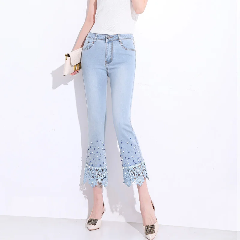 

2021 spring new beaded eight-point micro-flare ladies skinny jeans plus size woman high waist jeans, Blue