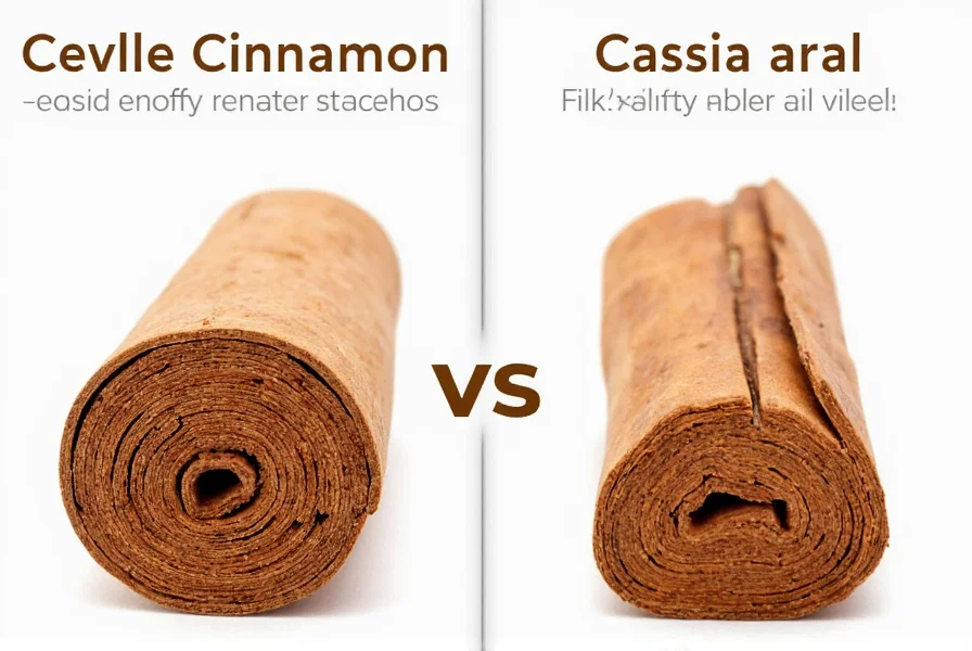 Side-by-side visual guide showing how to distinguish Ceylon cinnamon's soft, layered structure from Cassia's hard, single-roll bark