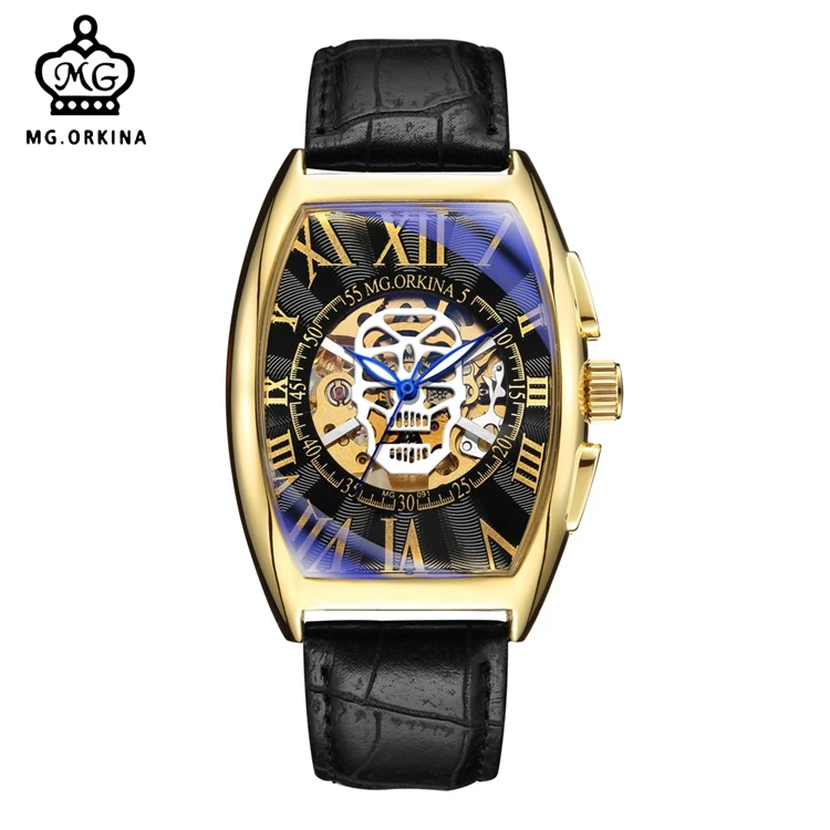 

MG.ORKINA MG091 Men Skeleton Mechanical Wrist Watch Automatic Movement Analog Leather Strap Luminous Men Watches, As picture