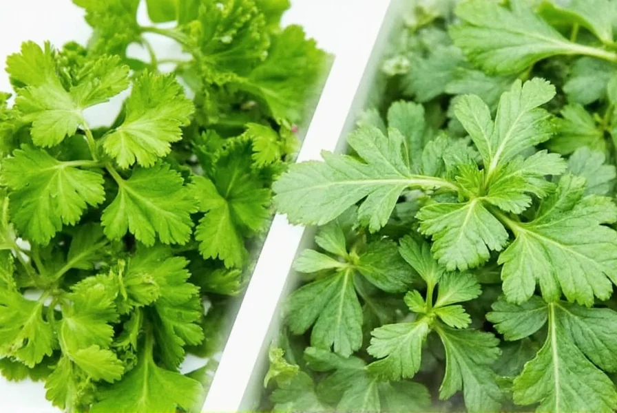 Coriandrum sativum plant showing leaves labeled as cilantro and seeds labeled as coriander