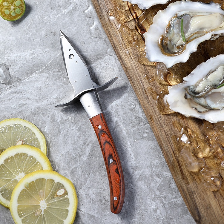 

Custom kitchen tools leather protective cover knives non slip stainless steel wooded handle made oyster shucking knife, Red