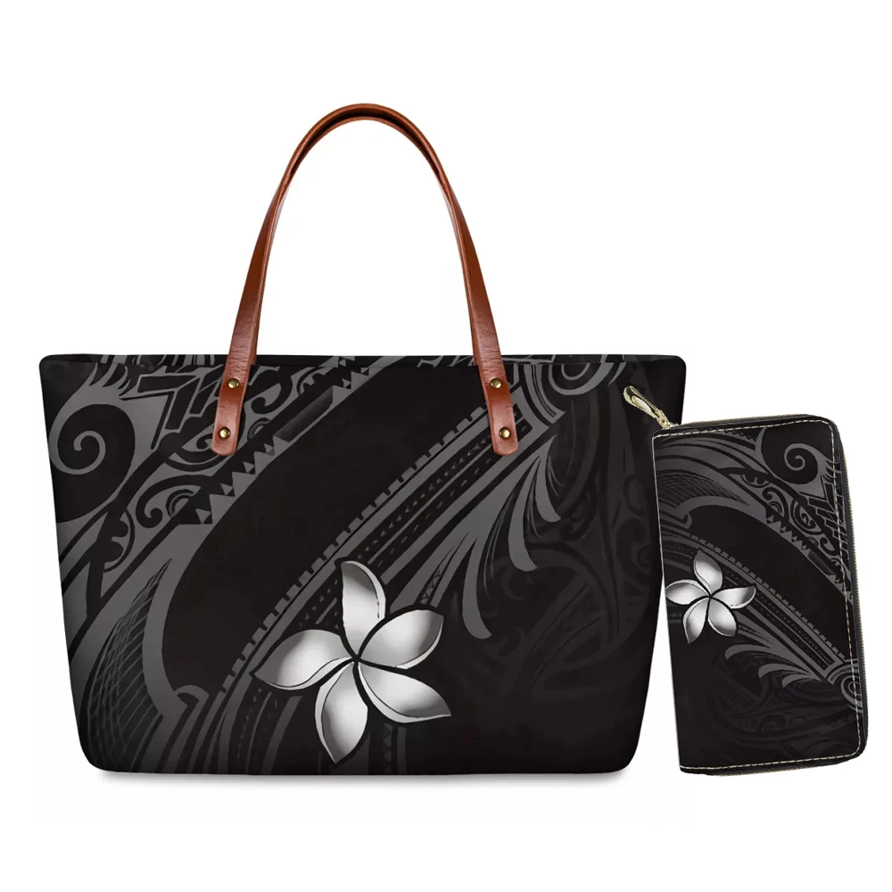 

Print on Demand Polynesian Traditional Tribal Black Printed Women Handbags Top Handle Satchel Purse Shoulder Bag Set 2pcs, Customized color
