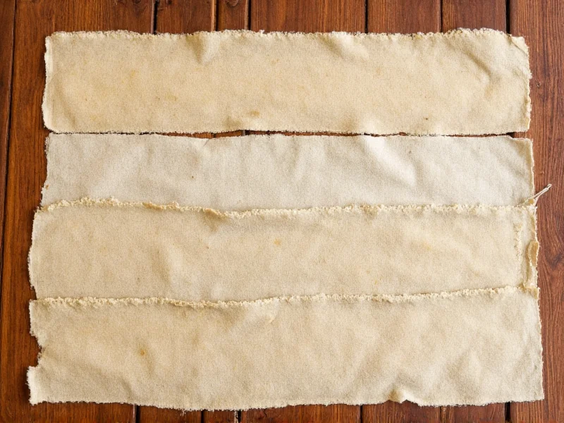Tea-stained fabric strips laid on wooden table