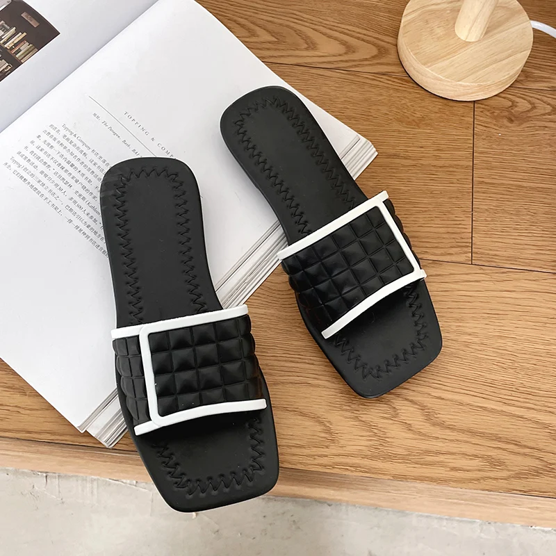 

New trendy summer water-proof Sandals for Women Casual Lady flat sole Sandals Square Toe Women Slippers, Black, brown and beige