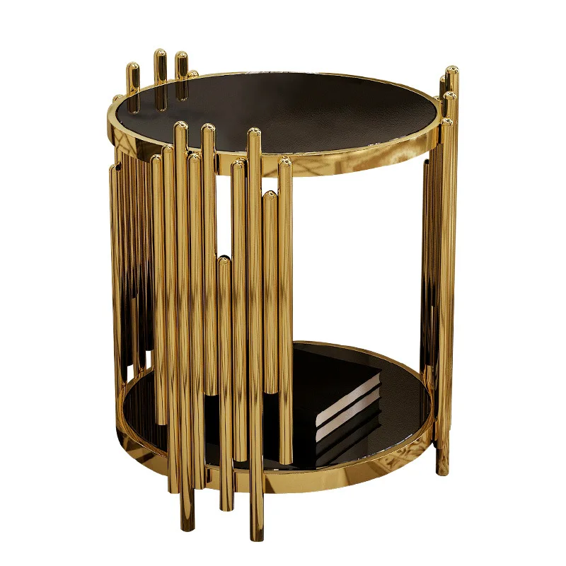 Luxury Fashional Stainless Steel Round End Table Black Tempered Glass