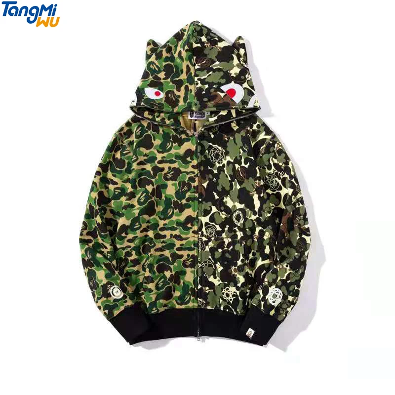 

2021 wholesale green camo harajuku sweatshirts Ape Shark letter print Patchwork jackets men full face zip bapee hoodies