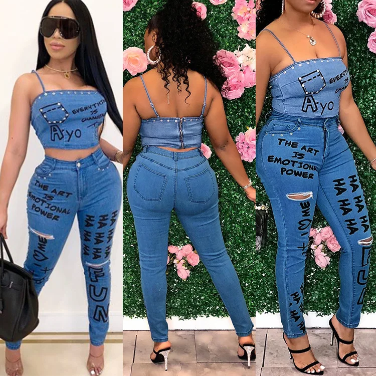 2 Piece Jean Set Clothes Vendor For Polka Dot Cover Up And Pencil Pants ...