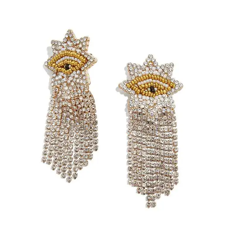 

Jialin Jewelry Vintage Silver Rhinestone Pearl Red Heart Seed Beaded Eye Drop Earrings Long tassel earrings for Women