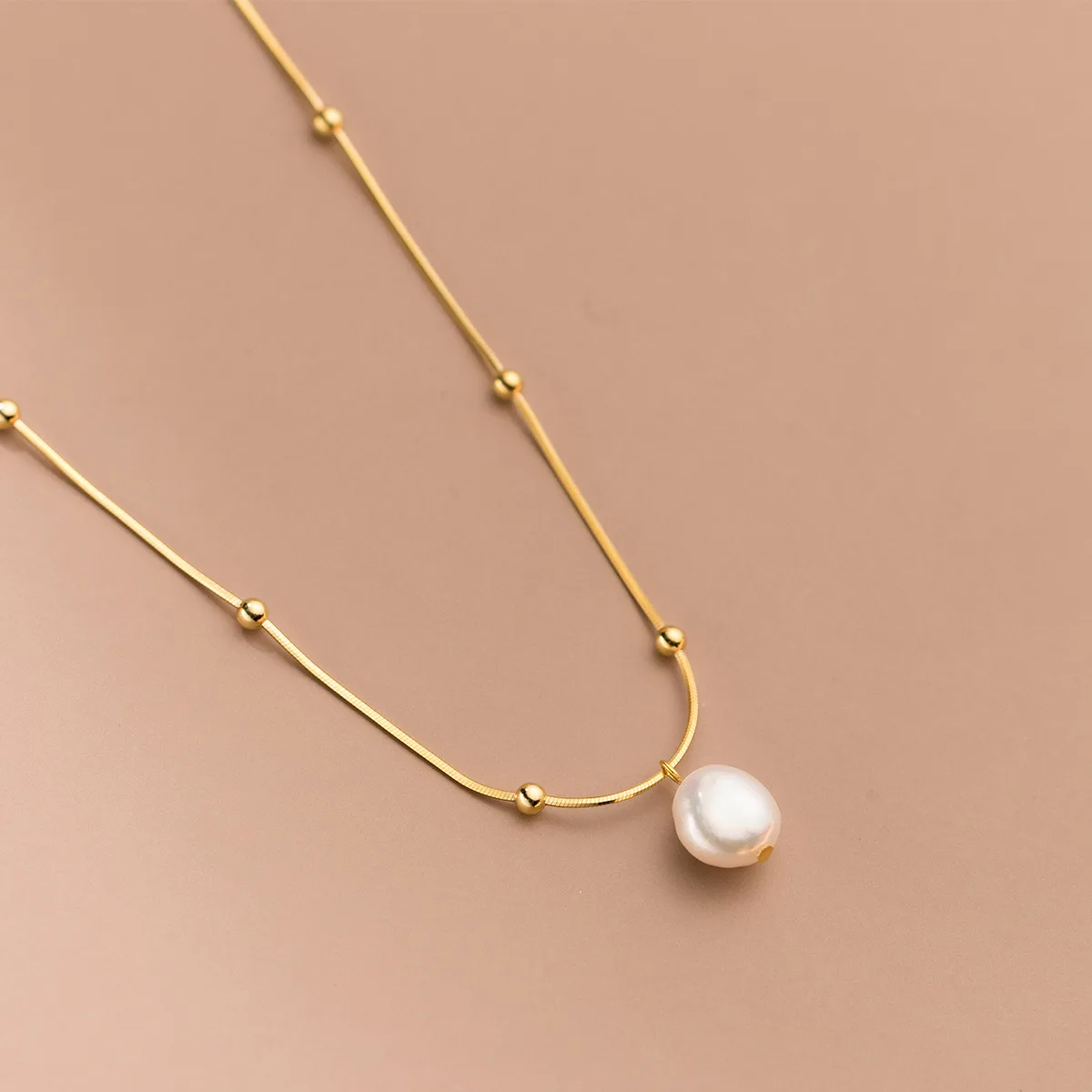 

fashion jewelry 925 sterling silver natural real single pearl round beads golden balls gold plated necklaces for women