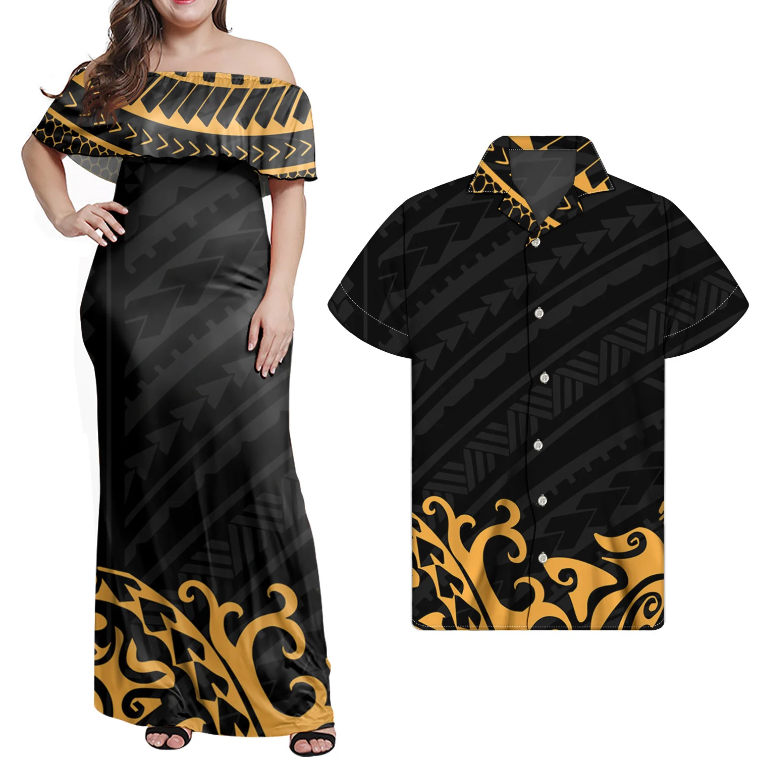 

Black Tribal Couple Matching Set Summer Couples Matching Clothes Polynesian Print 2 Piece Set Samoa Women Dress Match Men Shirts