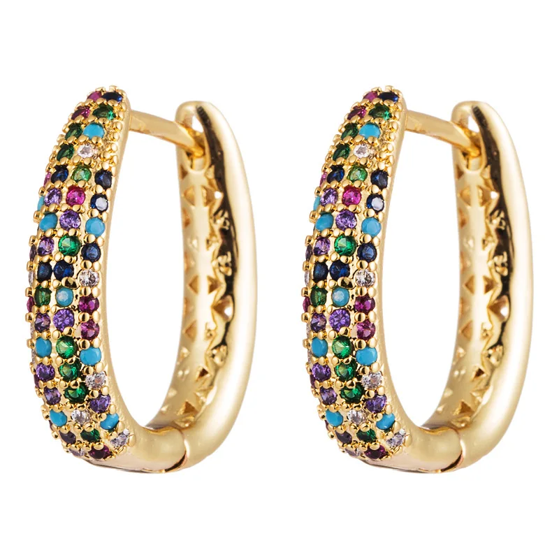 

Crystal Earrings Charm Colorful Zirconia Women Jewelry Gold Plate Rainbow Elegant CZ Micro Pave Hoop Earring