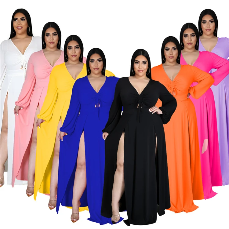 

IBEAUTY Hot Selling Summer Solid Color Long Sleeve Plus Size Loose Sexy Casual Women Open Fork Dress, White,black,pink,purple,fuchsia,blue,orange,yellow