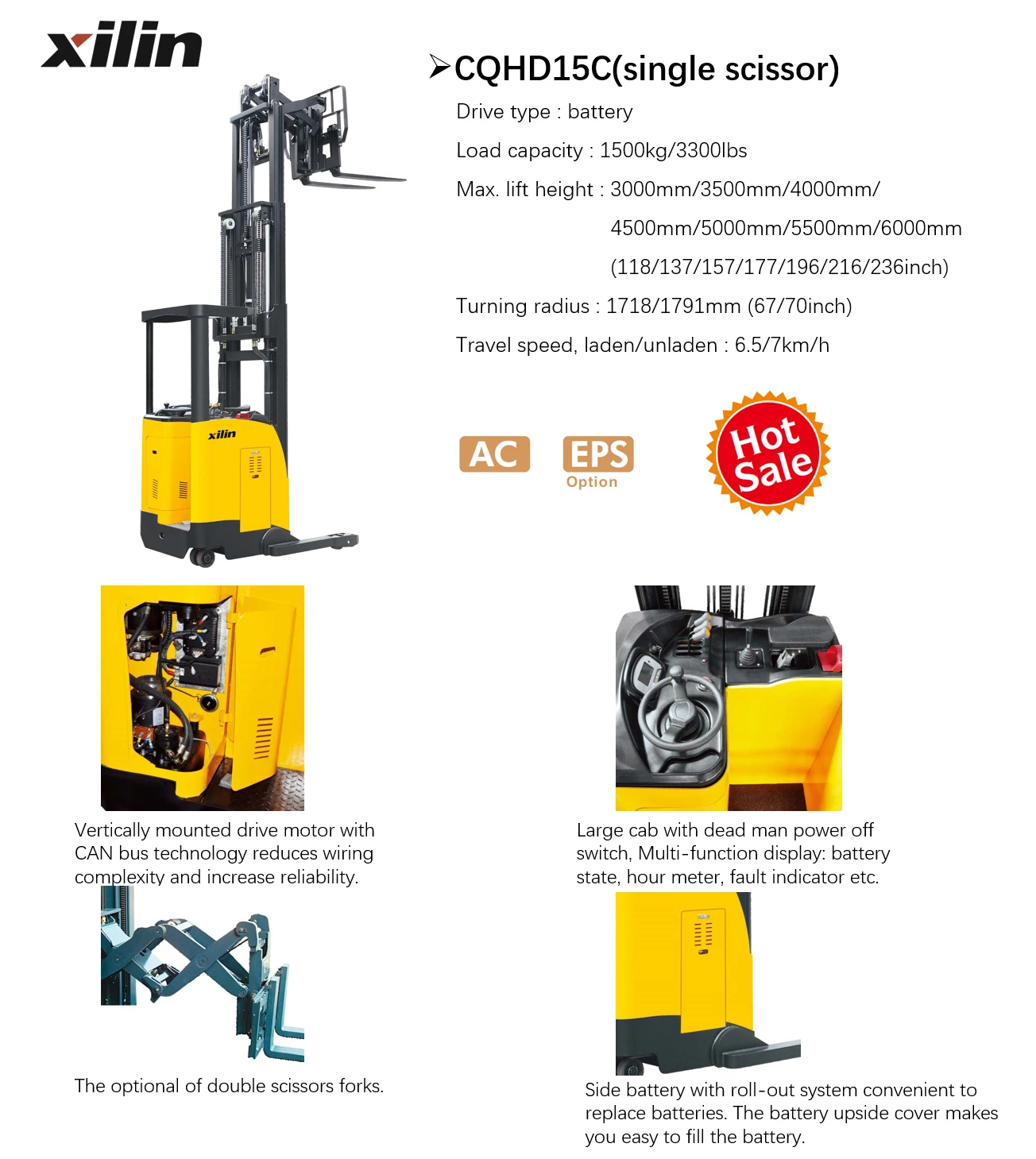 Xilin Hydraulic Stacker Lift 1500kgs 1.5t Single Scissor Forklift