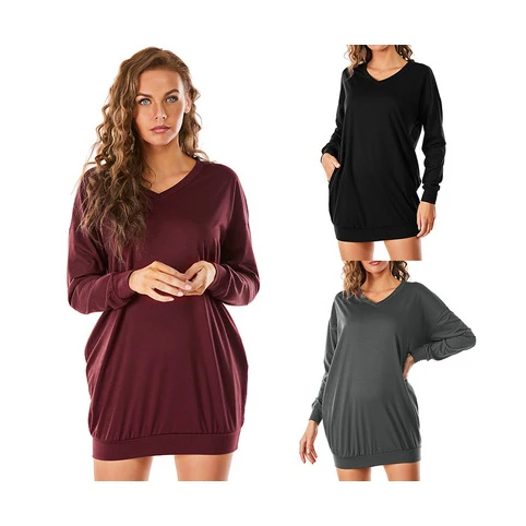 

KJ27 European and American new loose casual solid color hedging V-neck long plus size women's sweater