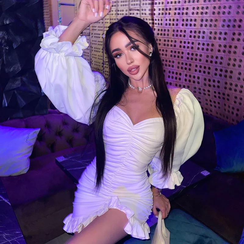 

Deep V Neck Pleated Puff Sleeve White Mini Dresses Women Party