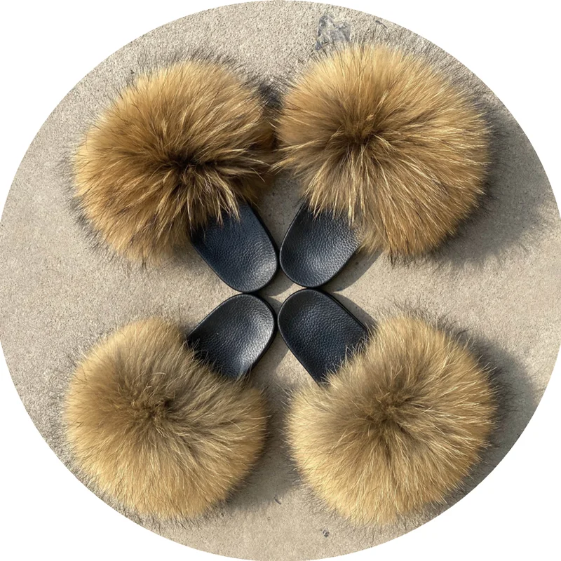 

Reliable quality Cheap price Wholesale Hairy Fur Slippers Raccoon hair and fox hair brown fur Slippers real fox fur slides, Customized color